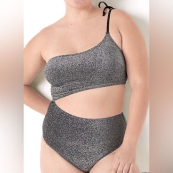 NWT VICTORIA’S SECRET/PINK ONE SHOULDER ONE PC SWIMSUIT IN SPARKLING BLACK SZ L - Picture 1 of 2